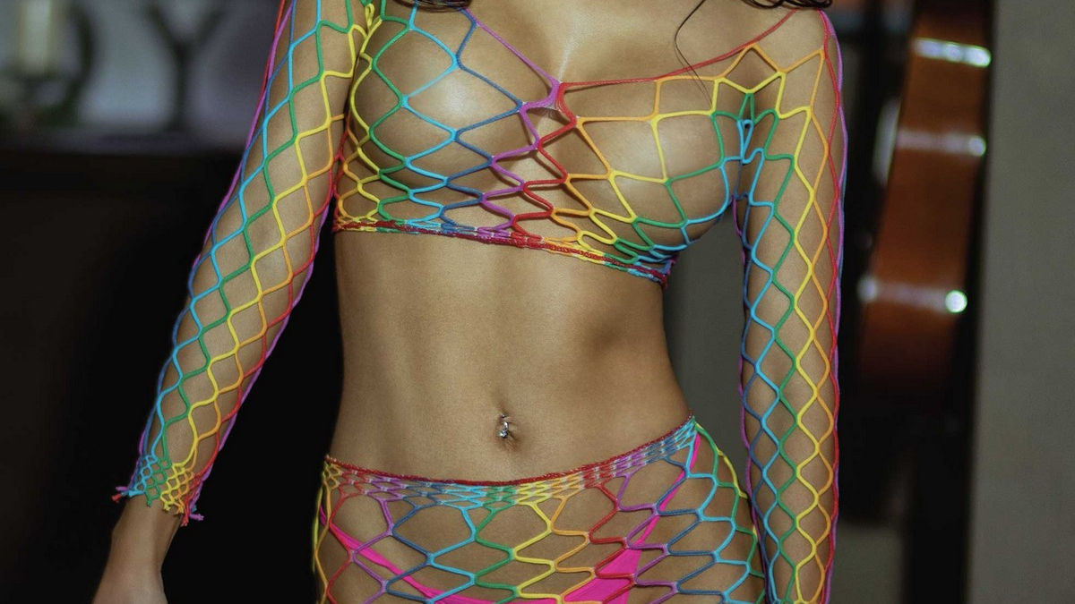 KILLER LEGS Rainbow Fishnet Two-Piece Set with Thong