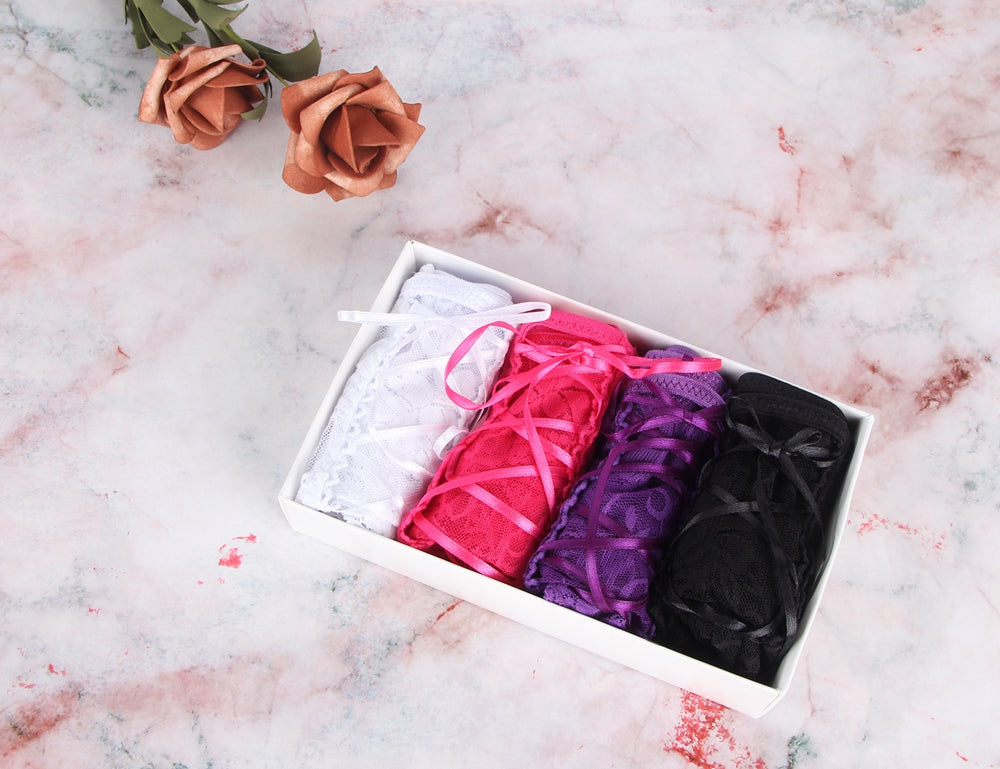 Open Crotch Floral Lace Panty Set, 4 in1 Box
