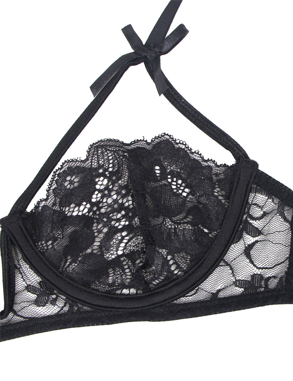 Black Lace Open Bust Bra And Garter Panty Set With Steel Ring