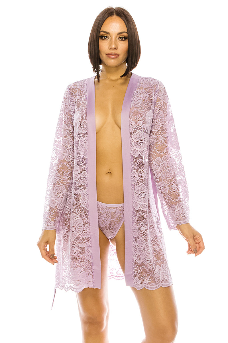 Lavender Frost All Lace Robe With Thong