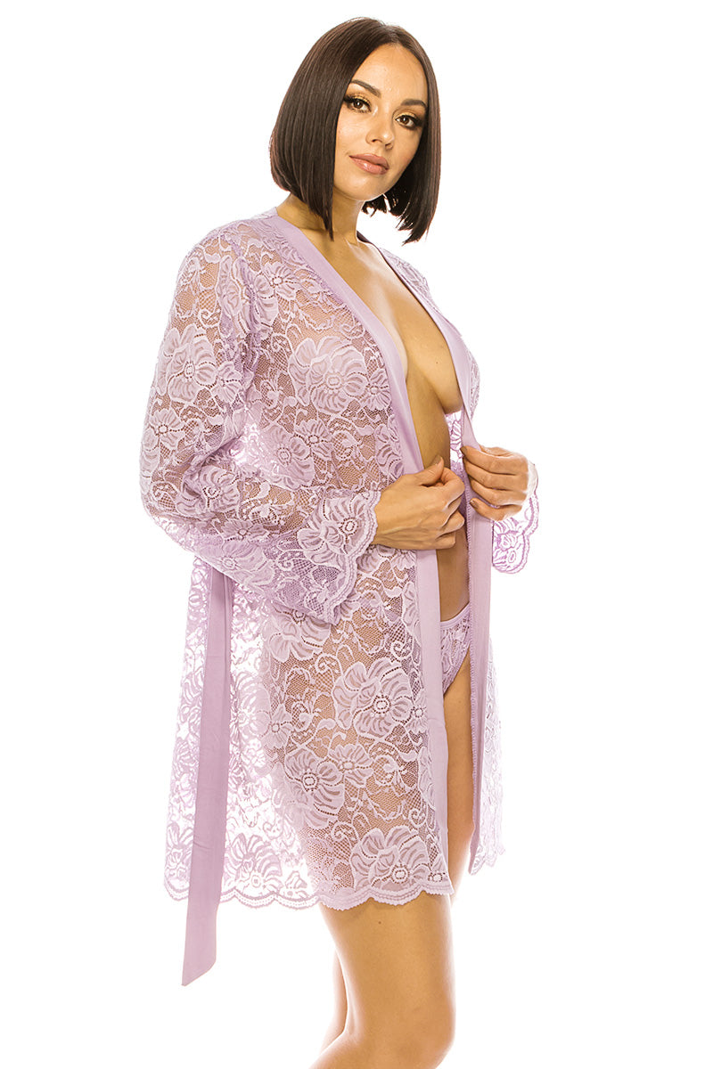 Lavender Frost All Lace Robe With Thong