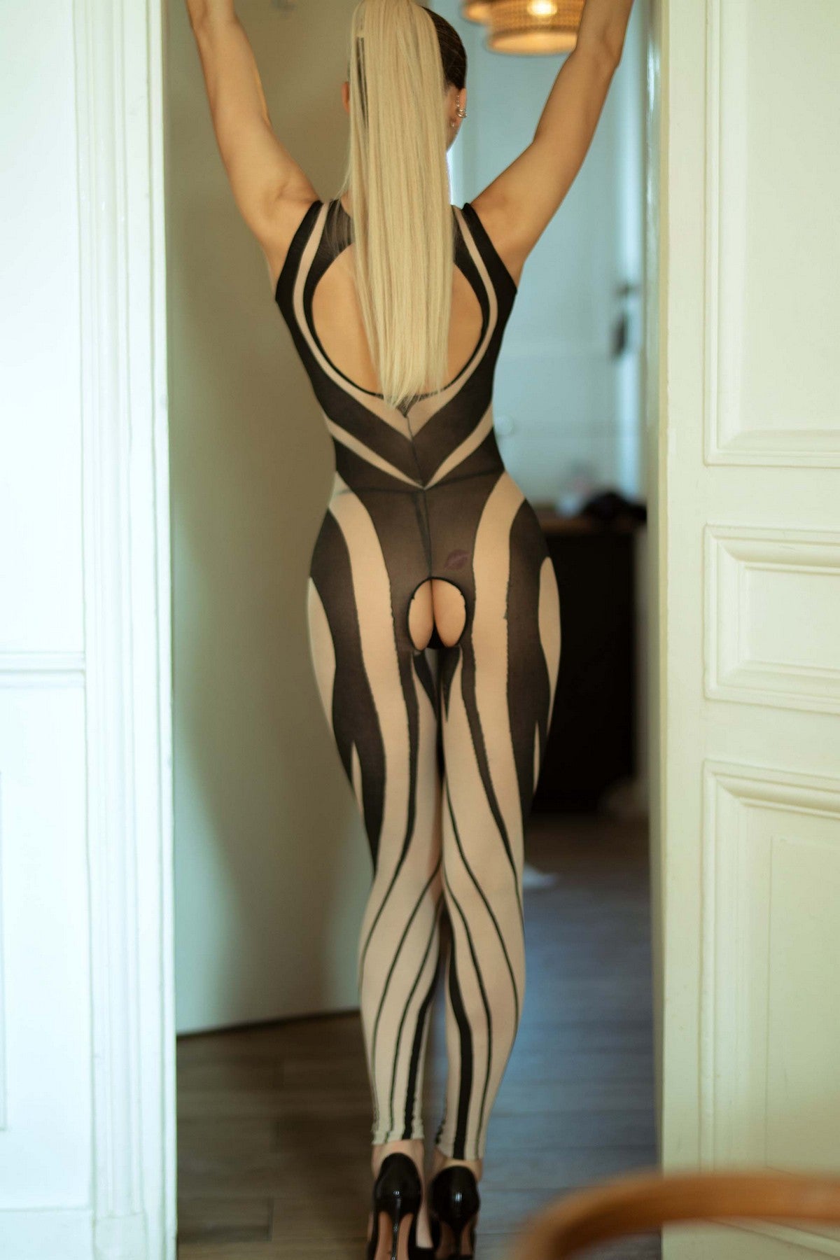 KILLER LEGS Wild Intentions Contrast Mesh Halter Open Crotch Bodysuit