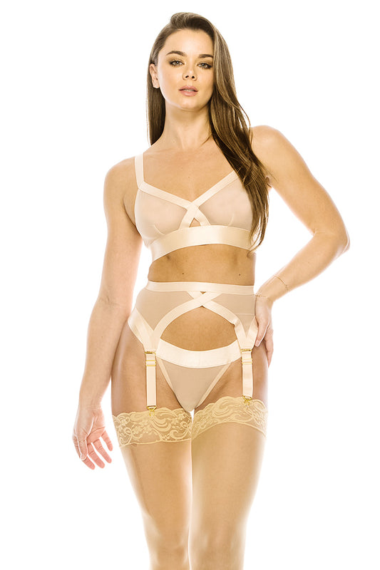 Toasted Almond 3 Piece Wide Strappy Detailing Mesh Bra Set