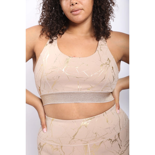 CURVY Marble Foil Print Double Striped Sports Bra