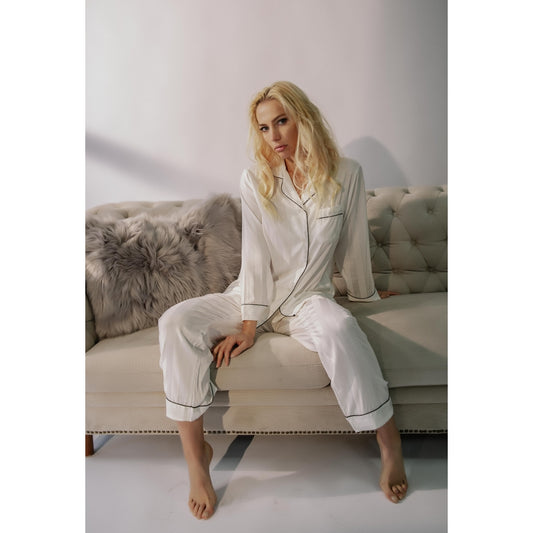 White Long Sleeves Striped Silky Pajama Sets